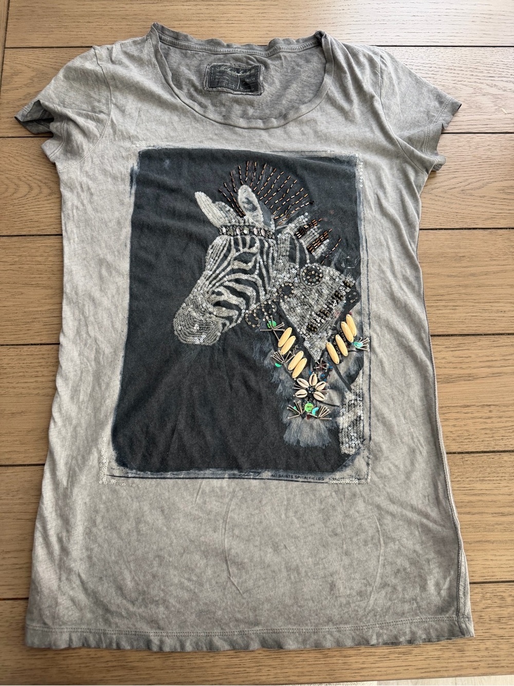All Saints Gray Zebra Beaded Graphic Tee